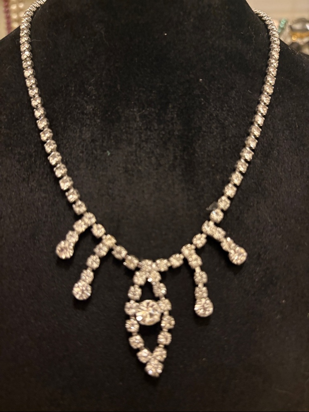 Vintage Rhinestone Statement Necklace in Silver Tone